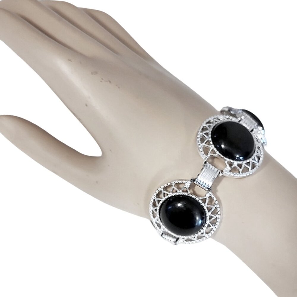 1960s Vintage Sarah Coventry Round Black Bead And Silver Link Large Bracelet